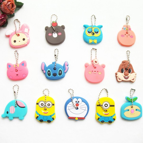 Anime Cat Key Cap Silicone Minion Key Chain Women Bag Charm Key Holder Stitch Key Ring Owl Keychain Mickey Hello Kitty Key Cover