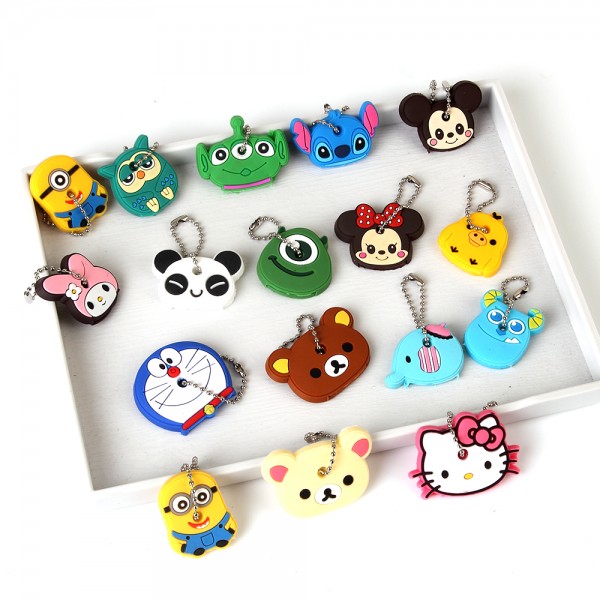 Anime Silicone Key Cap Cat Minion Key Chain Women Bag Charm Key Holder Mickey Key Ring Owl Keychain Hello Kitty Stitch Key Cover