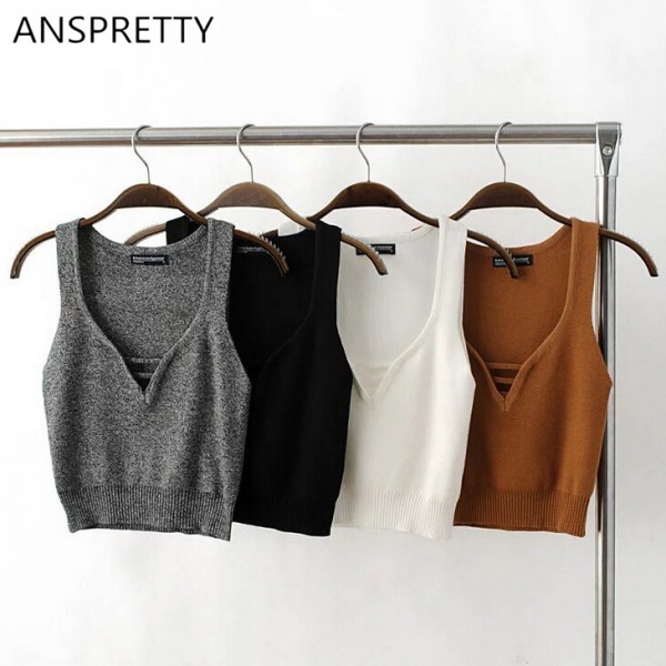 Anspretty Apparel 2016 Summer Women Deep V Neck Sexy Crop Tank Top Knitted Fabric Short Vest Four Colors Female Clothing