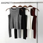 Anspretty Apparel Fashion 2017 knitted off shoulder crop tops for women tight slim short t shirt long sleeve sexy t-shirts