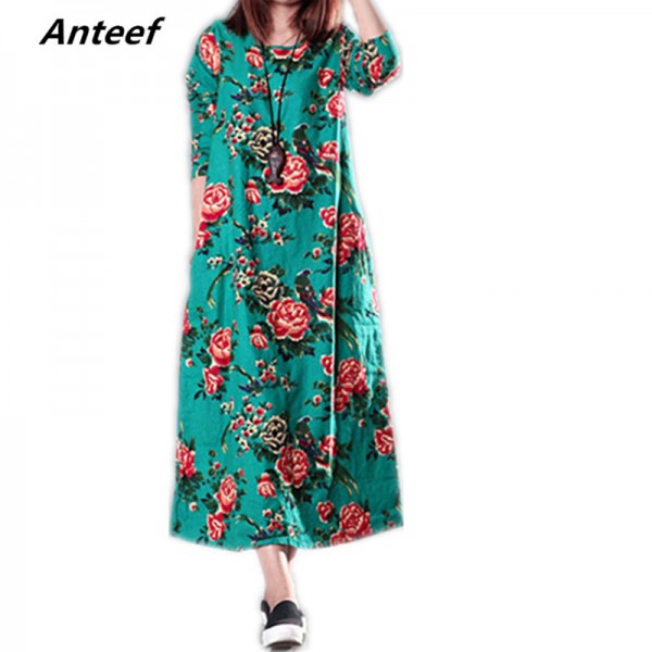 Anteef cotton linen vintage floral print women casual loose long spring autumn dress vestidos femininos 2018 dresses