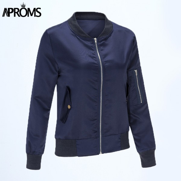 Aproms Winter Ladies Zipper Basic Coats 2017 Fashion Women Black Blue bomber jacket Long Sleeve Casual Slim Coat chaquetas 