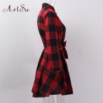 ArtSu 2017 Fashion Women Mini Dress Vintage White Black Plaid Print 3/4 Sleeve Sexy Plus Size Plaid Short Dress ASDR10007