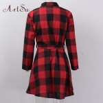 ArtSu 2017 Fashion Women Mini Dress Vintage White Black Plaid Print 3/4 Sleeve Sexy Plus Size Plaid Short Dress ASDR10007