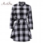 ArtSu 2017 Fashion Women Mini Dress Vintage White Black Plaid Print 3/4 Sleeve Sexy Plus Size Plaid Short Dress ASDR10007