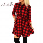 ArtSu 2017 Fashion Women Mini Dress Vintage White Black Plaid Print 3/4 Sleeve Sexy Plus Size Plaid Short Dress ASDR10007