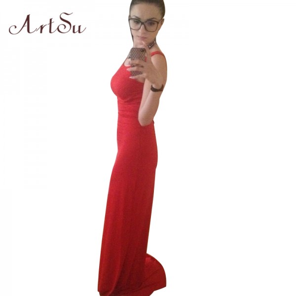 ArtSu Summer Style Women Long Dress Backless Dress Sexy  red white black Casual dress Floor-Length Vestidos de festa Longo 8069