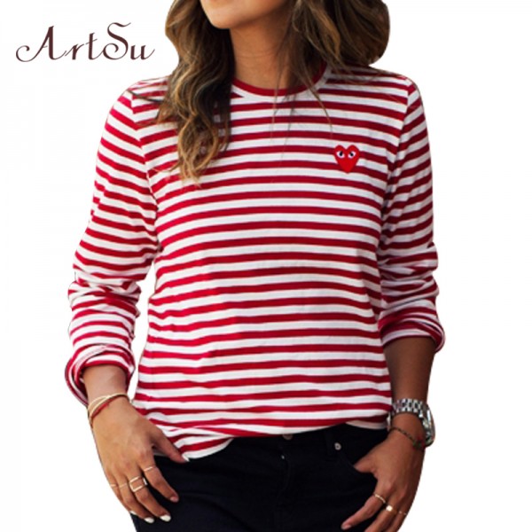 ArtSu Womens Tops 2017 O-Neck T-shirt Long Sleeve Striped T Shirts Tee Shirt Femme Blusas Plus Size Women Clothes EPTS80066