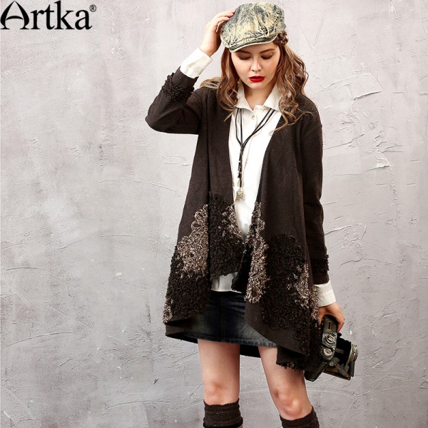 Artka Women'S Ladies Vintage V-Neck Long Sleeve Solid Cloak Embroidery Loose Woolen Cape Coat WA10643Q