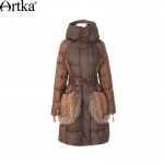 Artka Women'S Winter Vintage Double Layer Full Sleeve Zipper Patchwork Wide-Waisted Medium-Long Lanon Down Coat CK16230D