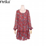 Artka Women's  Autumn New Vintage Boho Style Printed Full Sleeve O-Neck Loose Style Comfy Fashion Dress LA10169Q