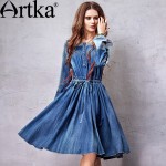 Artka Women's 2015 Autumn New Bohemia Style Square Collar Embroidery Decoration Dress Slim Cotton Denim One-piece Dress L810051C