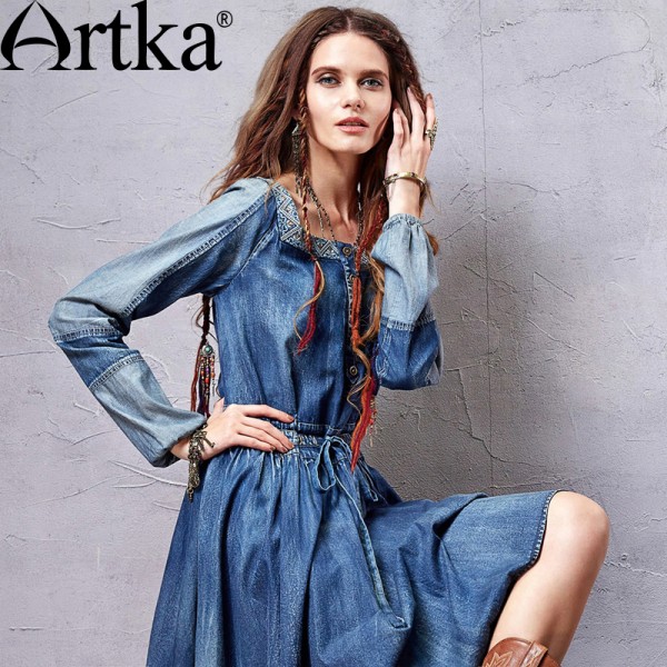 Artka Women's 2015 Autumn New Bohemia Style Square Collar Embroidery Decoration Dress Slim Cotton Denim One-piece Dress L810051C