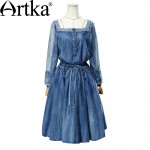 Artka Women's 2015 Autumn New Bohemia Style Square Collar Embroidery Decoration Dress Slim Cotton Denim One-piece Dress L810051C