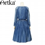 Artka Women's 2015 Autumn New Bohemia Style Square Collar Embroidery Decoration Dress Slim Cotton Denim One-piece Dress L810051C