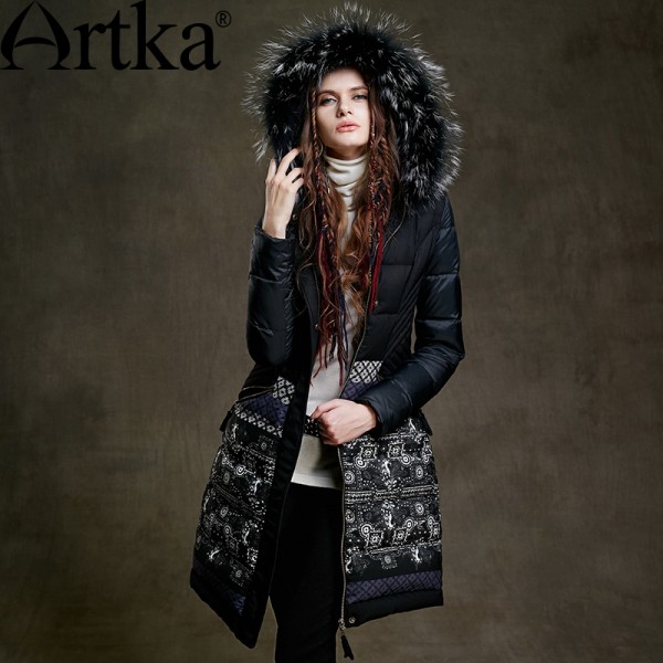 Artka Women's 2015 Winter Vintage Long Section 90% White Duck Coat Long-Sleeved Printed Comfortable  Down coat ZK15255D