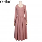 Artka Women's 2016 Spring New Bohemian Style Solid Color Comfy Dress O-neck Long Sleeve Mid-Calf All-match Dress ZA15850Q