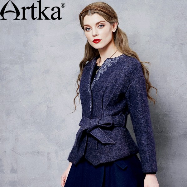 Artka Women's Autumn New Embroidery Drop-shoulder Sleeve Woolen Coat Vintage Single Breasted Slim Fit Coat With Sashes WA10568Q