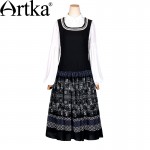 Artka Women's Autumn New Embroidery Ethnic Printed Chiffon Dress Vintage O-Neck Sleeveless Wide Hem Dress LA15052D