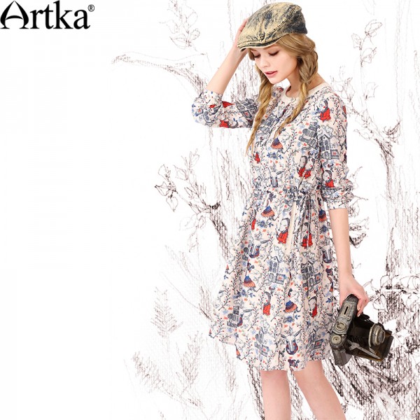 Artka Women's Autumn New Fashion O-Neck Full Sleeve Printed Patchwork Comfy Chiffon Dress LA10867Q