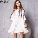 Artka Women's Autumn New Vintage Boho Loose Style Embroidery Patchwork Half Sleeve Casual All-mach Dress LA10760C