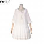 Artka Women's Autumn New Vintage Boho Loose Style Embroidery Patchwork Half Sleeve Casual All-mach Dress LA10760C