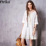 Artka Women's Autumn New Vintage Boho Loose Style Embroidery Patchwork Half Sleeve Casual All-mach Dress LA10760C