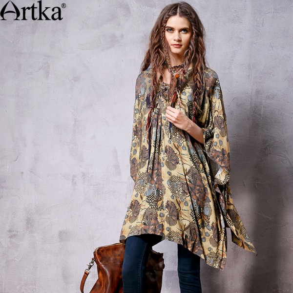 Artka Women's Autumn New Vintage Boho Printed Flare Sleeve Irregular Hem Loose Style Knee-Length Dress LA11566C