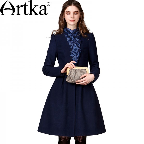 Artka Women's Autumn New Vintage Elegant Embroidery Wool Coat Bi-layered Front-opening Cinch Waist  Woolen Coat FA10149Q