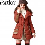 Artka Women's Boho Winter Vintage Hooded Full Sleeve Outerwear Embroidery Drawstring Adjustable Waist Down Coat ZK13647D