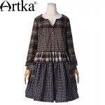 Artka Women's Casual Vintage Plaid Patchwork V-Neck Long Lantern Sleeve Single Breasted Cotton Dress WA10240C