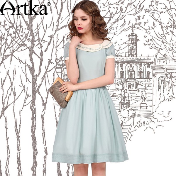 Artka Women's High Quality Embroidered Double Layer Summer Short-Sleeve Slim Waist Chiffon One-Piece Dress LA11347X