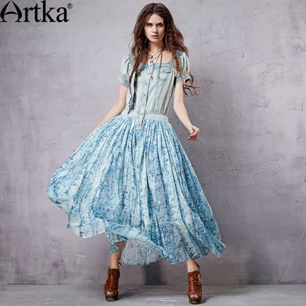 Artka Women's Retro Ethnic Dresses Denim & Cotton Patchwork Design Romantic Bohemian Style Charming Long Dress LX15155X