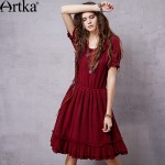 Artka Women's Retro Ethnic Red Dress 2015 Cool Summer New Arrival Vintage Lady Cotton Dresses Slim Ruffle Dresses LA14958X