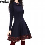 Artka Women's Spring Autumn Vintage Cute Ruffled Collar Full Sleeve Embroidery Print Slim Dress  LA10637Q