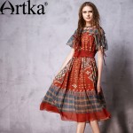 Artka Women's Spring New Boho Style Ethnic Printed Chiffon Dress O-Neck Empire Waist Wide Hem Dress With Ruffles LA11265X