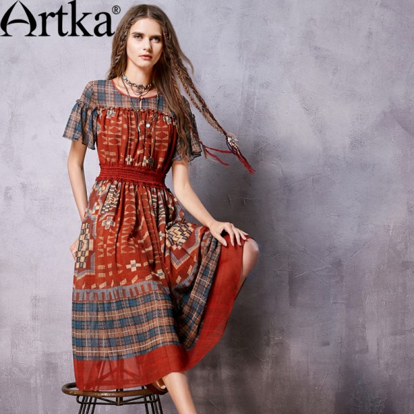 Artka Women's Spring New Boho Style Ethnic Printed Chiffon Dress O-Neck Empire Waist Wide Hem Dress With Ruffles LA11265X