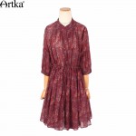 Artka Women's Spring New Boho Style Printed Cotton Drawstring Dress Stand Collar Half Sleeve Draped Dress LA10263C