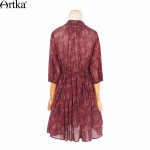 Artka Women's Spring New Boho Style Printed Cotton Drawstring Dress Stand Collar Half Sleeve Draped Dress LA10263C