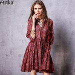 Artka Women's Spring New Boho Style Printed Cotton Drawstring Dress Stand Collar Half Sleeve Draped Dress LA10263C