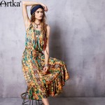 Artka Women's Spring New Boho Style Printed Spaghetti Strap Dress Vintage Cinched Waist Drawstring Wide Hem Dress LA11069C