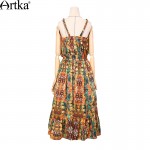 Artka Women's Spring New Boho Style Printed Spaghetti Strap Dress Vintage Cinched Waist Drawstring Wide Hem Dress LA11069C