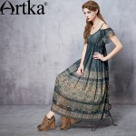 Artka Women's Spring New Comfy Printed Chiffon Dress Vintage V-Neck Off Shoulder Sleeve Empire Waist Wide Hem Dress LA16167C