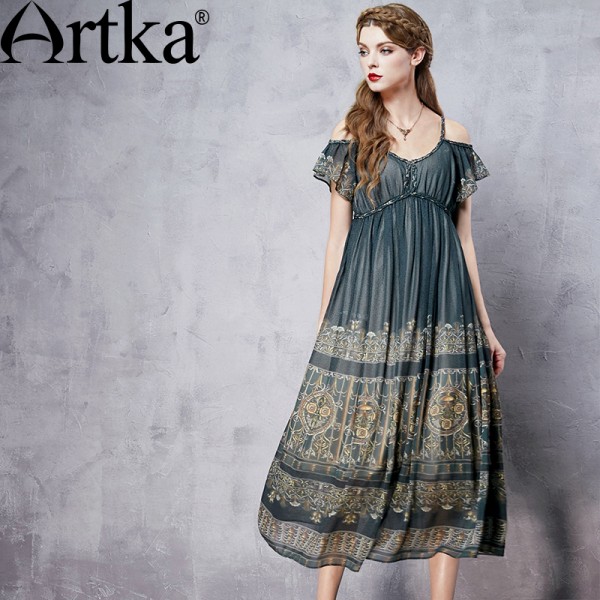 Artka Women's Spring New Comfy Printed Chiffon Dress Vintage V-Neck Off Shoulder Sleeve Empire Waist Wide Hem Dress LA16167C