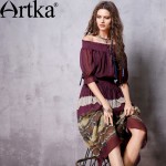 Artka Women's Spring New Ethnic Printed Chiffon Dress Vintage O-Neck Short Sleeve Elastic Waist Wide Hem Dress LA12968C