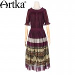 Artka Women's Spring New Ethnic Printed Chiffon Dress Vintage O-Neck Short Sleeve Elastic Waist Wide Hem Dress LA12968C