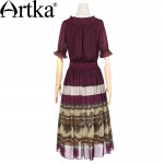 Artka Women's Spring New Ethnic Printed Chiffon Dress Vintage O-Neck Short Sleeve Elastic Waist Wide Hem Dress LA12968C