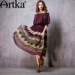 Artka Women's Spring New Ethnic Printed Chiffon Dress Vintage O-Neck Short Sleeve Elastic Waist Wide Hem Dress LA12968C