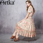 Artka Women's Spring New Printed Chiffon Dress Vintage Slash Neck Off Shoulder Sleeve Cinchec Waist Wide Hem Dress LA11862C