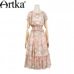 Artka Women's Spring New Printed Chiffon Dress Vintage Slash Neck Off Shoulder Sleeve Cinchec Waist Wide Hem Dress LA11862C